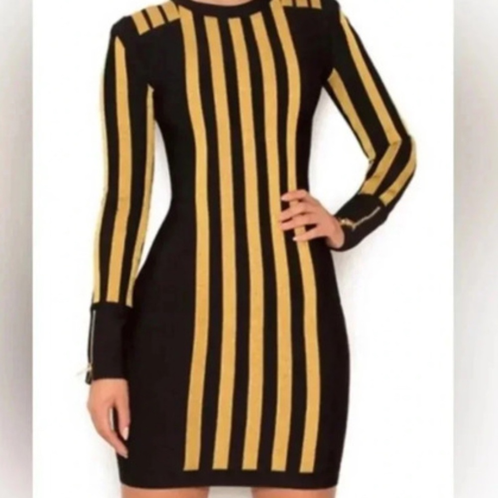 House of CB Black/Gold Stripe Bandage Dress